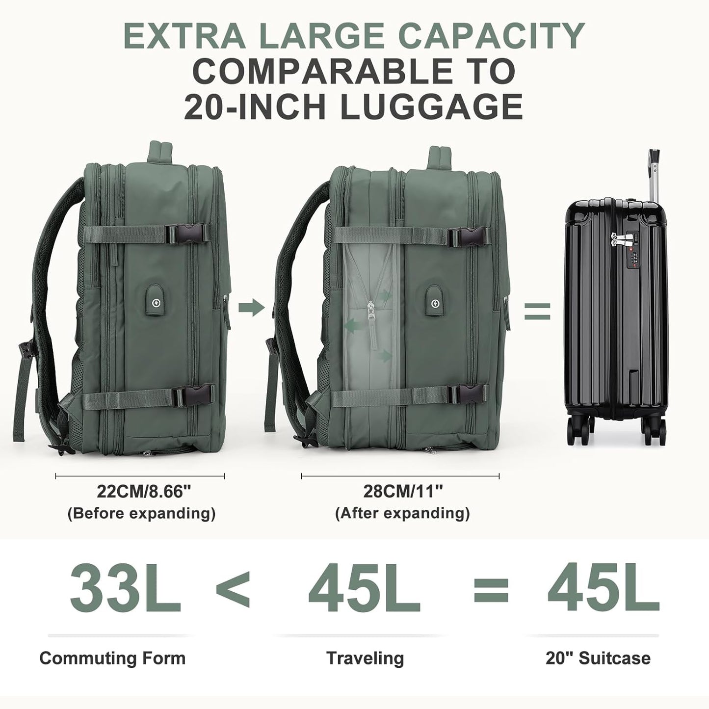 coowoz Large Travel Backpack For Women Men, Carry On Backpack,Hiking Backpack Waterproof Outdoor Sports Rucksack Casual Daypack Expandable Heavy Duty Extra large Backpack Olive Green