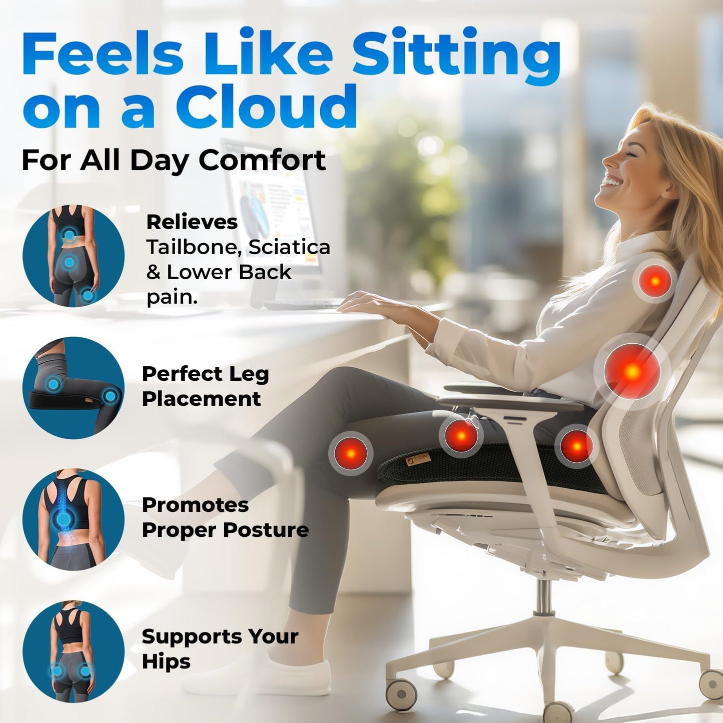 Seat Cushion, BodySync™ Technology with Non-Slip Gel & Memory Foam for Tailbone, Sciatica & Back Pain Relief, Office Chair Cushion, Car Seat Cushions for Driving (Black)
