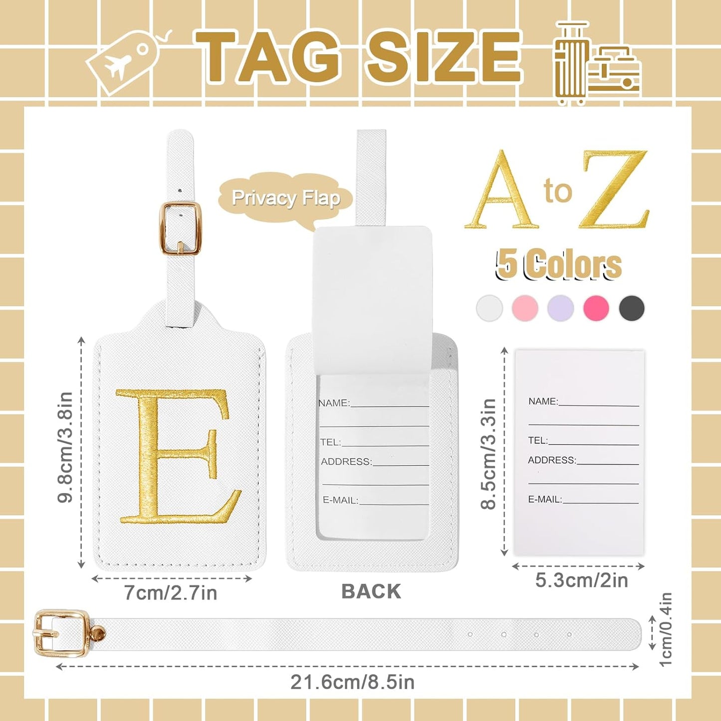 Personalized Initial Luggage Tags for Suitcase TSA Approved, White Leather Cute Luggage Tag with Privacy Cover Name Card, Embroidered Custom Luggage Tags Travel Baggage Tags Gifts for Women Kids(E)