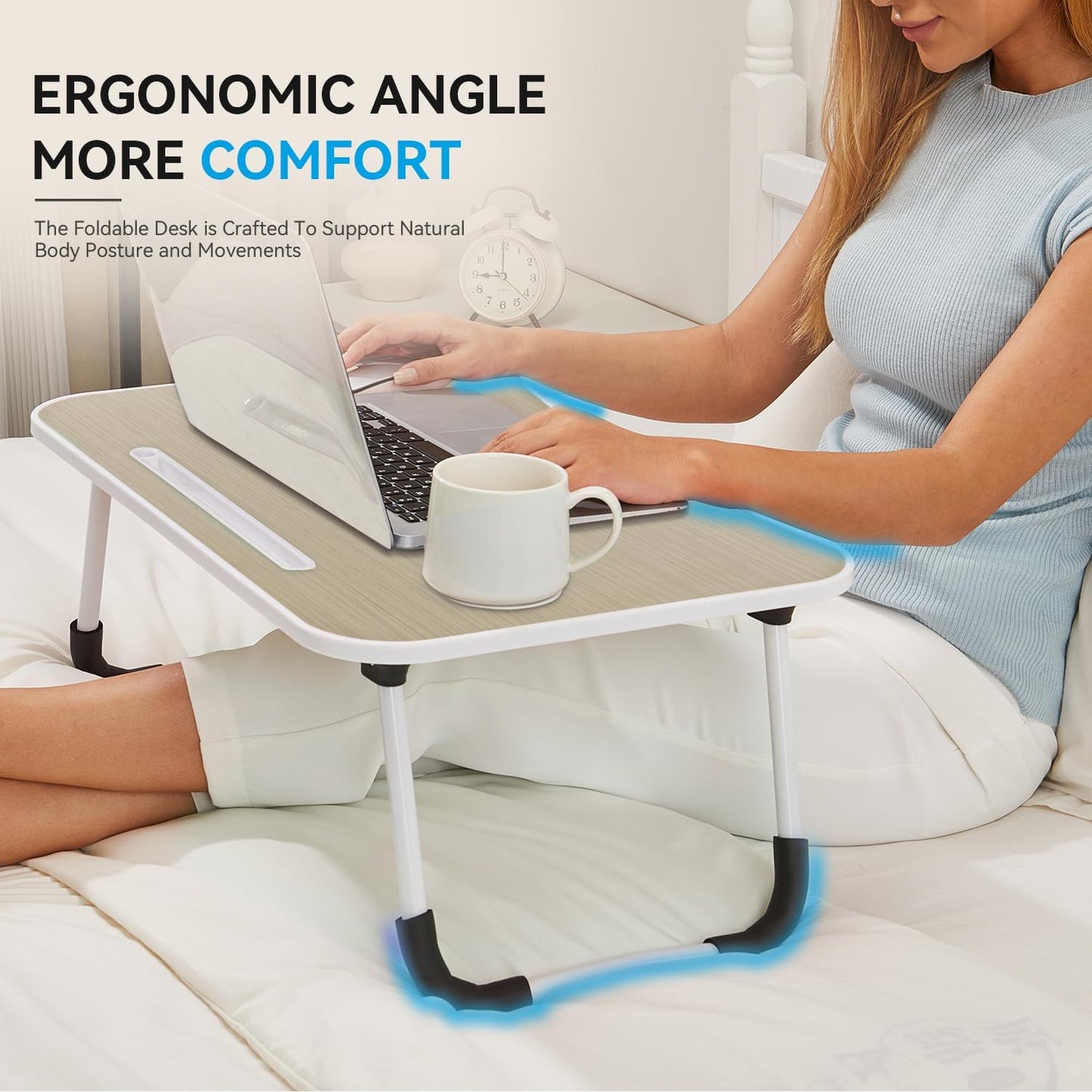 BUYIFY Folding Lap Desk, 23 Inch Portable Wood Brown Laptop Bed Desk Lap Desk with Cup Holder, for Working Reading Writing, Eating, Watching Movies for Bed Sofa Couch Floor