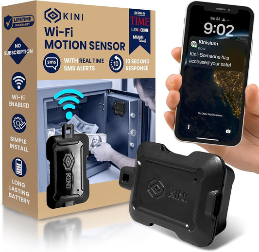 Kini SafeAlert WiFi Motion Sensor Alarm | Real-Time SMS Notification | Wireless Motion Detector for Gun Safes, Cabinets, Home, Apartments, Office | Easy Install, No Subscription, Rechargeable Battery