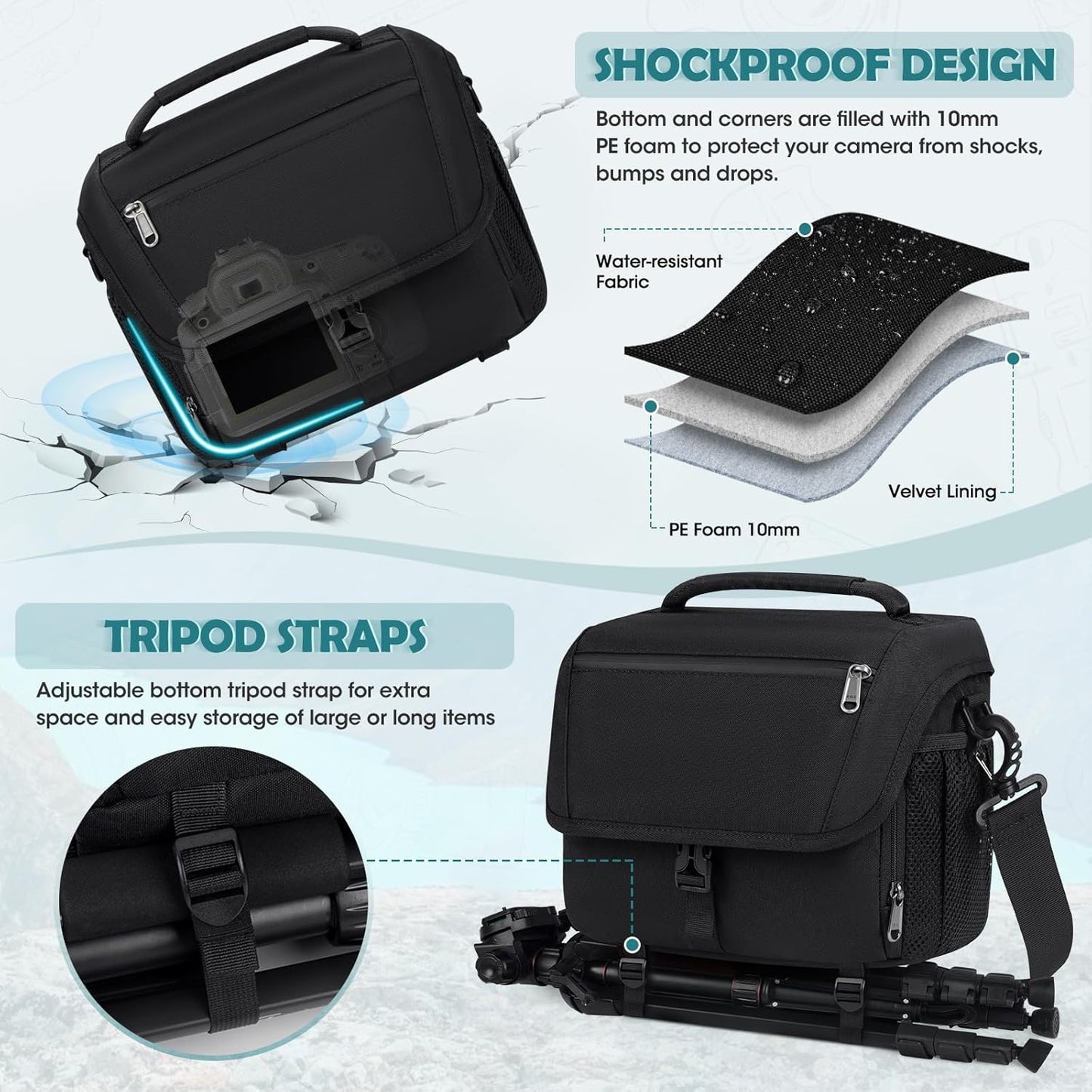 RAINSMORE Camera Bag, DSLR/SLR/Mirrorless Camera Case with Tripod Holder Waterproof Camera Sling Bag Crossbody Camera Bags for Photographers with Rain Cover for Canon/Nikon/Sony/Fuji, Black