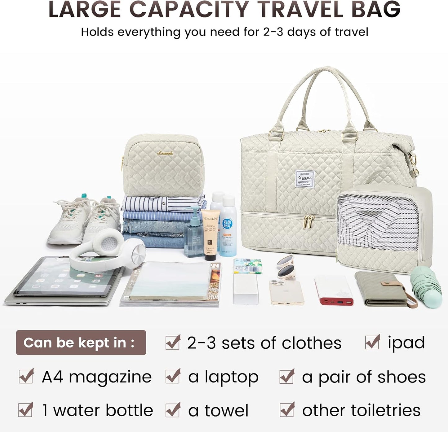 LOVEVOOK Travel Duffle Bag,Weekender Bags for Women with Shoe Compartment，Carry on Overnight Bag with Toiletry Bag,Gym Duffel Bag with Wet Pocket, Hospital Bags for Labor and Delivery