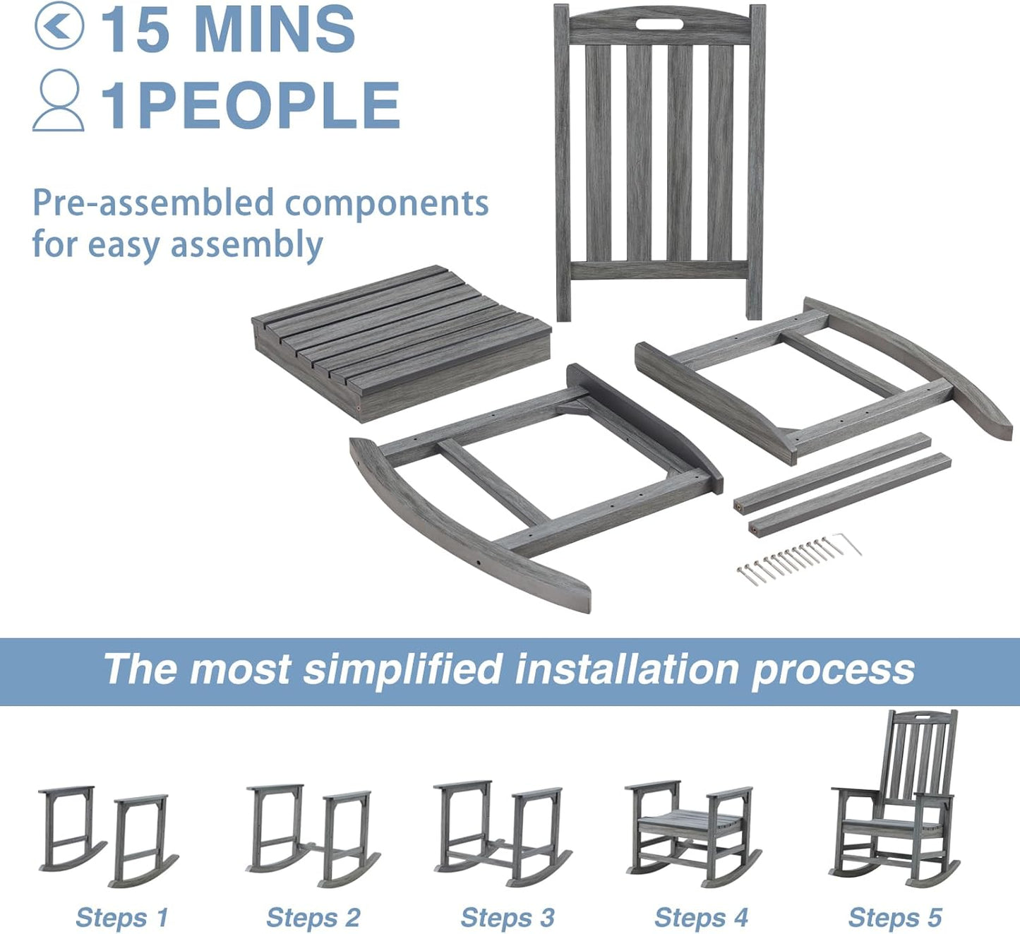 Psilvam Outdoor Rocking Chair, Poly Lumber Oversized Rocking Chair with 21" Wide Seat and 32" Tall Backrest, Pre-Assembled with Most Components for Effortless Installation(Dark Gray)