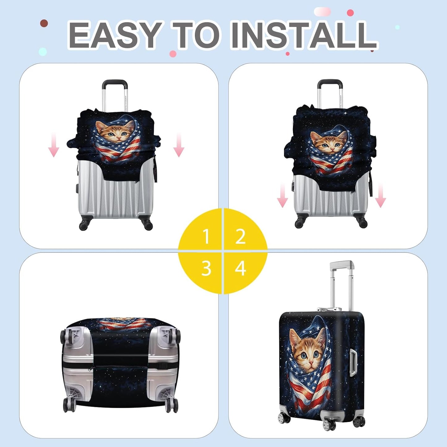 ANNA QUEEN Cute Patriotic Cat Luggage Cover, American Flag Suitcase Protector, Stretchable, Washable Travel Cover for 20-22 Inch Luggage