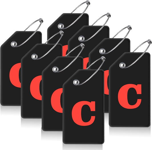 8 Pcs Luggage Tags for Suitcases, 26 Initial Letter Travel Luggage Baggage Identification Labels ID Tags Fully Bendable Tags with Stainless Steel Loop (Letter C, Black)