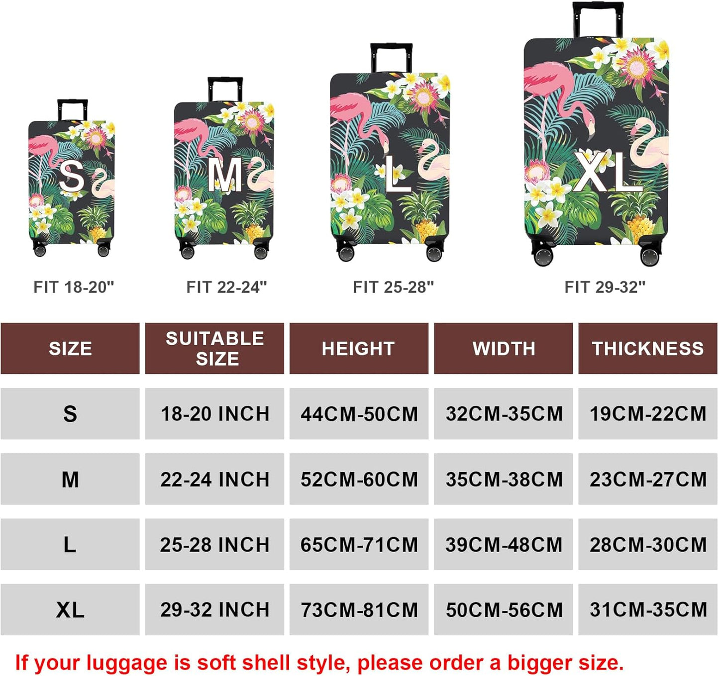 WUJIAONIAO Travel Luggage Cover Baggage Suitcase Cover Protector Skins 18-32 Inch (Flower flamingo, L (for 25-28 inch luggage))
