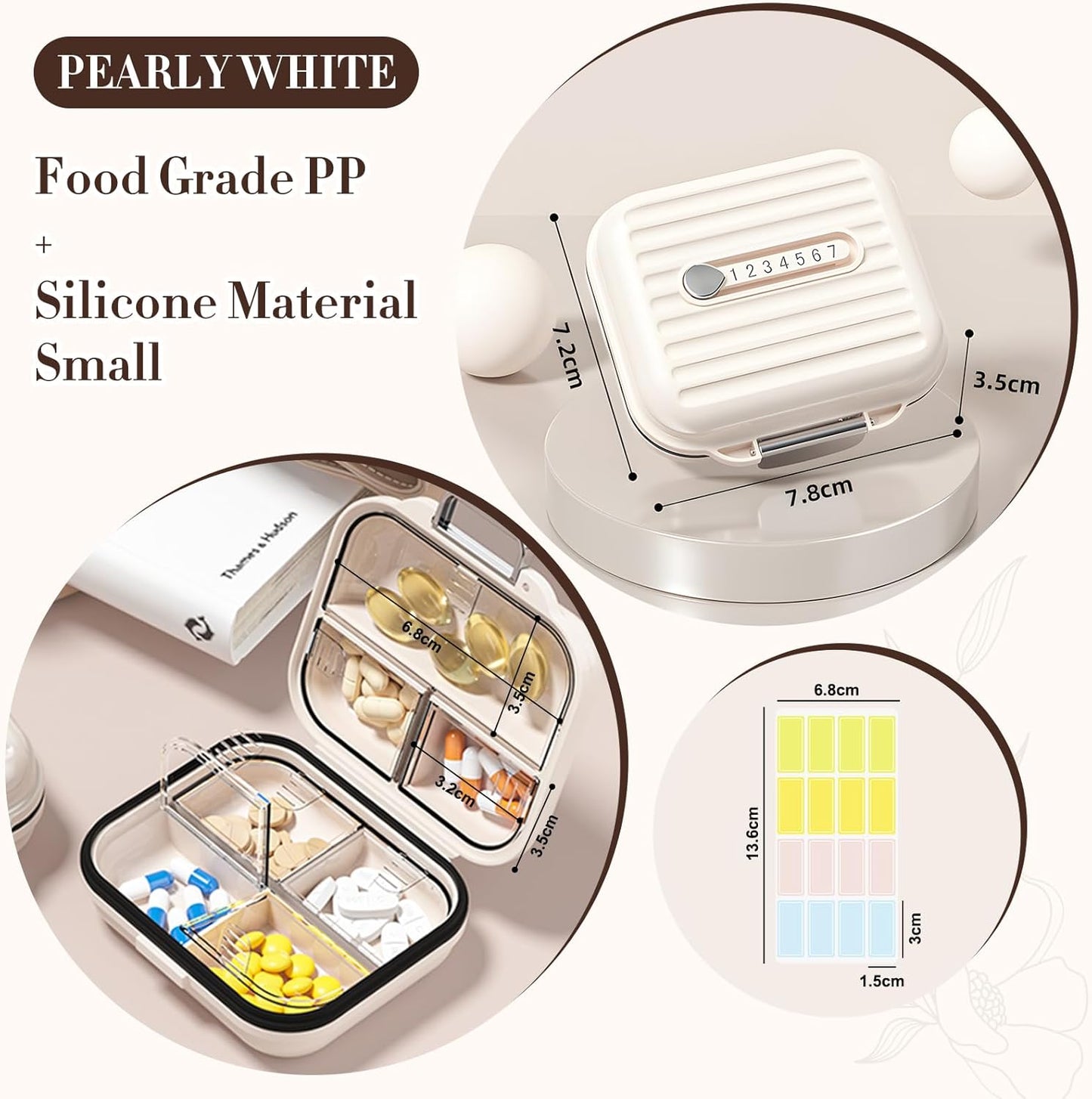 Travel Pill Organizer Box with Labels, 7 Compartments Portable Mini Pill Case, Daily Medication Organizer Storage Pill Container for Pocket Pharmacy(Pearly White, S)