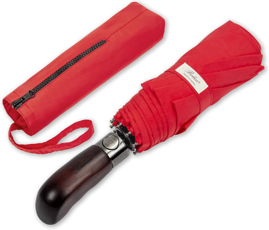 Balios Travel Folding Umbrella with Real Wood Handle Auto Open Close Vented Windproof Canopy - Designed in UK