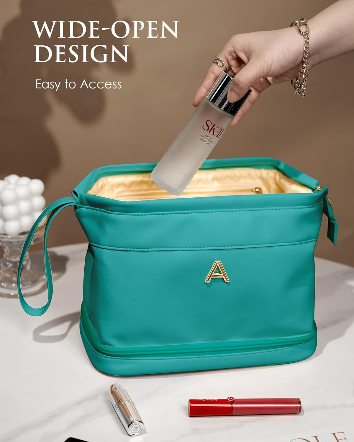 Granddaughter Birthday Gift for Her, Makeup Bags, Waterproof Double Layer Cosmetic Bag, Large Capacity PU Leather Makeup Bags Letter Travel Toiletry Bag, Initial Gifts for Coworkers