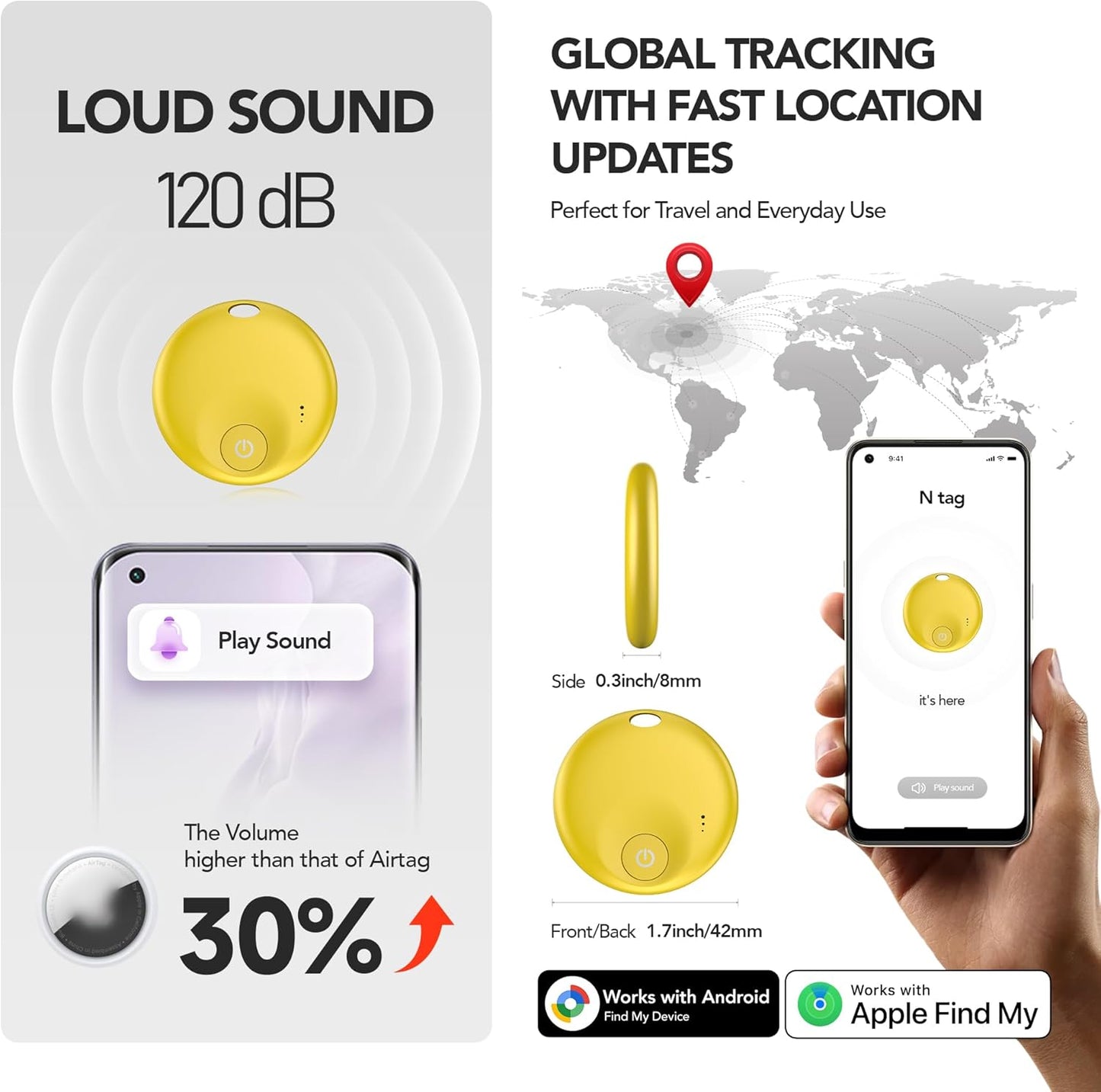 FindTag Duo - Dual System Tracker for iOS or Android, Bluetooth Tracking Tag/Key Finder/Luggage Tracker/Item Locator, Compatible with iOS Find My or Google Find Hub App (Yellow)