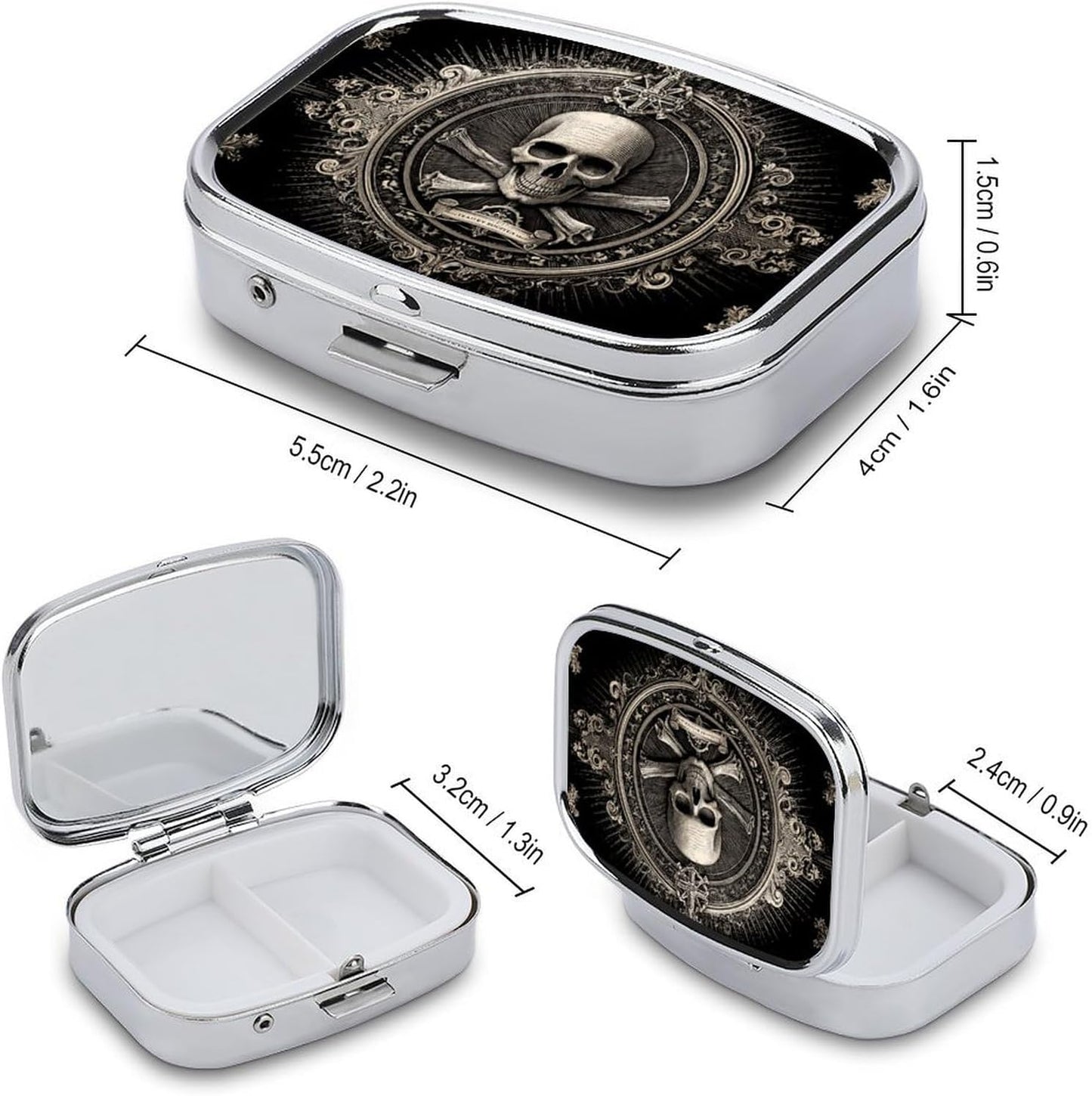 Metal 2 Compartment Pill Organizer Travel Friendly Portable Compact Pill Box Cute Pill Case,for Pocket Wallets Daily Portable Medicine Vitamin Tablet Storage (Skull)