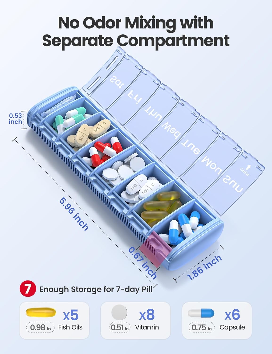 Vaydeer Metal Travel Pill Organizer, 7 Day Weekly Pill Box, Large Capacity Daily Cute Pill Case for Supplements, Pills, Vitamins and Medication (Small,Gunmetal)