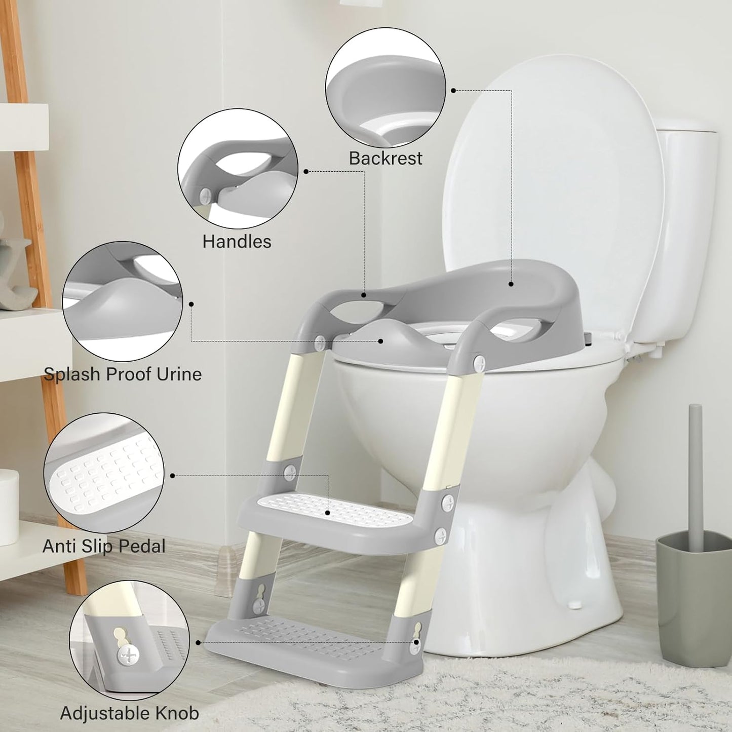 Potty Training Seat with Step Stool Ladder, Adjustable Foldable Potty Seat for Toilet with Anti-Slip Pads Ladder for Kids Boys Girls Toddlers - Grey