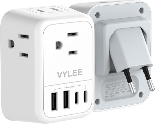 International Travel Adapter, Europe Travel Adapter with USB, Universal Travel Adapter (3 USB A & 1 Type-C) for The US to Most of Europe Iceland Spain Italy France Germany (Type E/F)