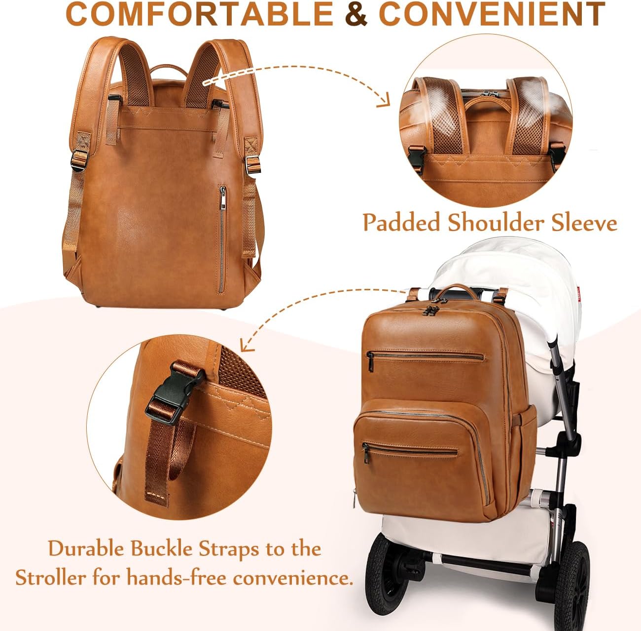 VASCHY Diaper Bag Backpack for Mum Dad, Unisex Large Waterproof Vegan Leather Baby Bag with Changing Pad,Insulated Pockets,Padded Laptop Sleeve for Travel,Brown