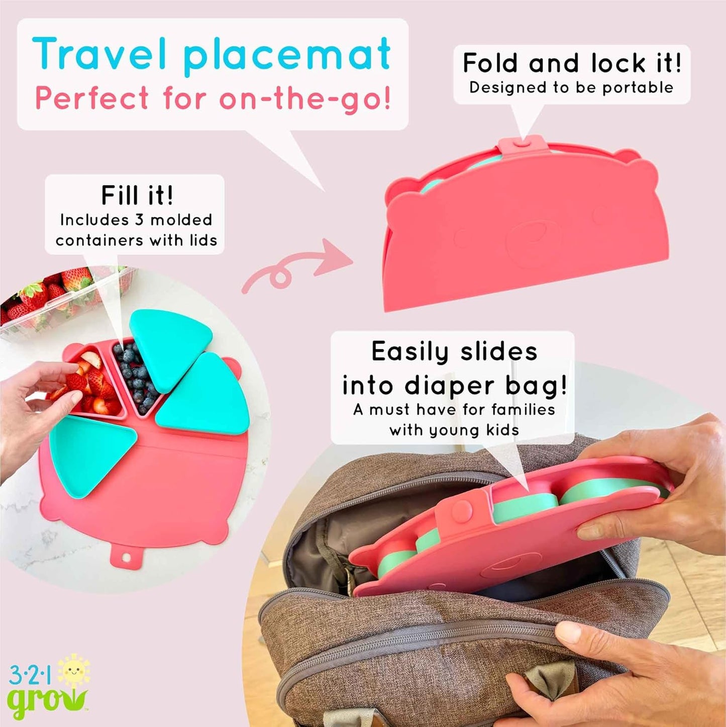 On-The-Go Snack Mat – Baby Silicone Travel Dining Placemat – Portable Silicone Toddler Plate – Reusable Snack Container with 3 Compartments and Lids for 6 Months + (Watermelon)
