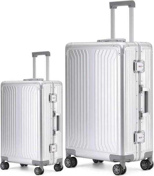 Metal all aluminum carry-on suitcase 20 "hard face, TSA lock and rotating wheel zippered luggage set (silvery, 2Piece(20/28))
