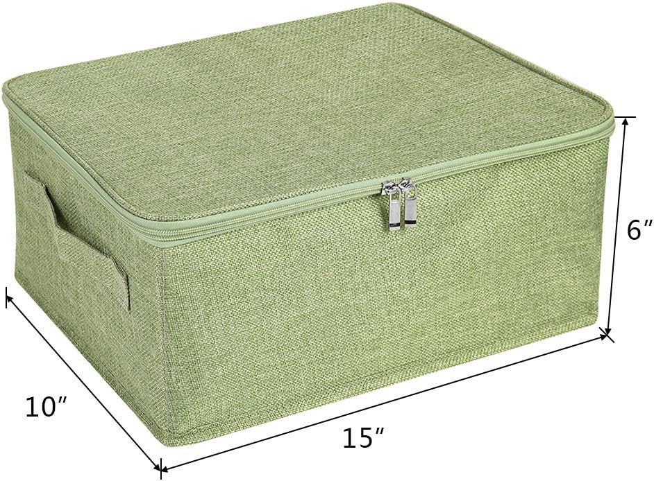ANMINY 2PCS Storage Bins with Zipper Lids 13 Qt Lidded Fabric Storage Boxes Baskets Cubes with Handles Collapsible Washable Cotton Linen Closet Shelf Clothes Organizer Containers - Green, Small