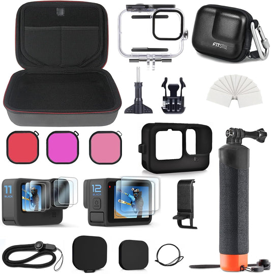 FitStill Carrying Protective Case Include 60M/196FT Underwater Waterproof Shell&Dive Filters&Silicone Case&Screen Protector&Monopod Floating Hand Grip Dive Go Pro Hero 12/11/10/9 Black Accessory Kit