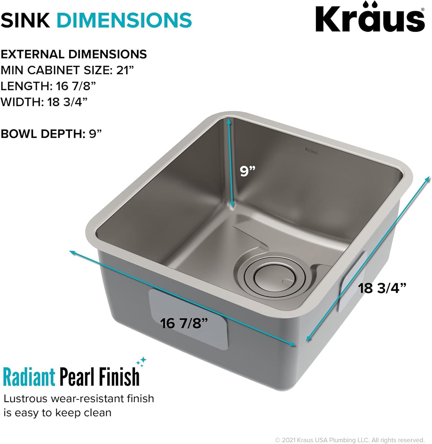 KRAUS Dex 17-Inch Undermount Single Bowl TRU16 Gauge Stainless Steel Kitchen Bar Sink with DrainAssure WaterWay and VersiDrain Assembly in Radiant Pearl Finish, KD1US17B