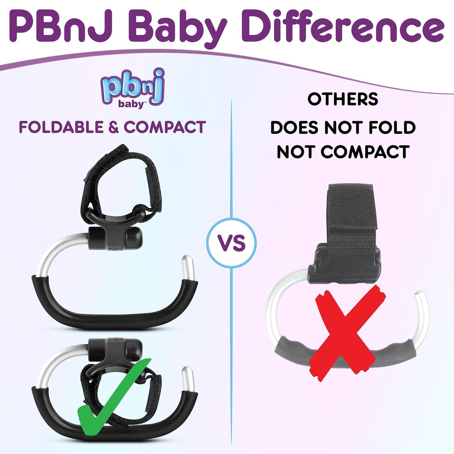 Stroller Hooks for Hanging Diaper Bags - Mommy Stroller Clip and Stroller Accessories Organizer Hook - Large Carabiner Clips for Mom Purse Shopping Grocery Bag and Accessory - (2 Pack) (Foldable)