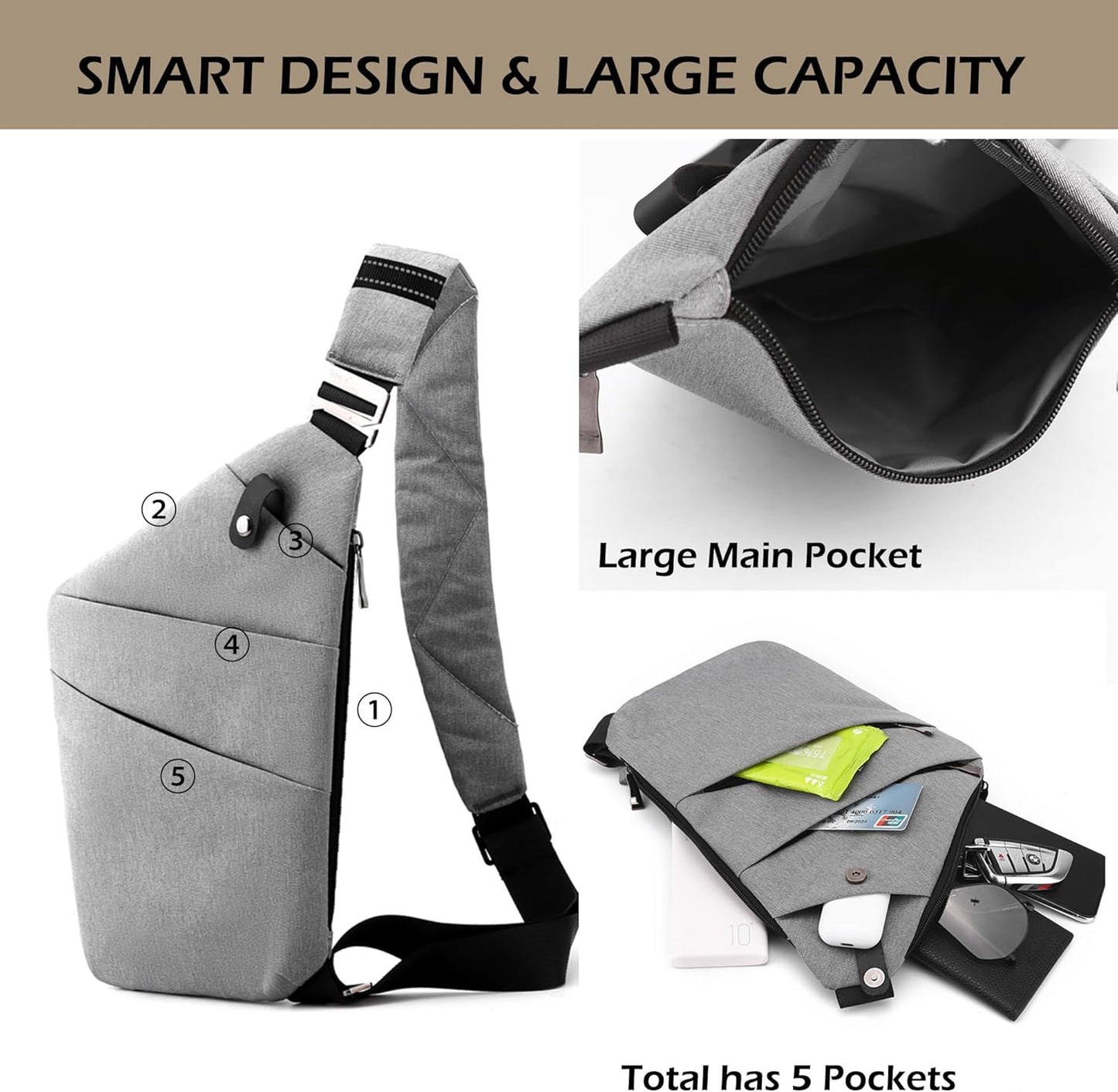 Anti Theft Crossbody Bags for Women Men, Multi-Pocket Shoulder Bag, Slim Sling Purse with 2 RFID Blocking Card (Right Shoulder-Purple)