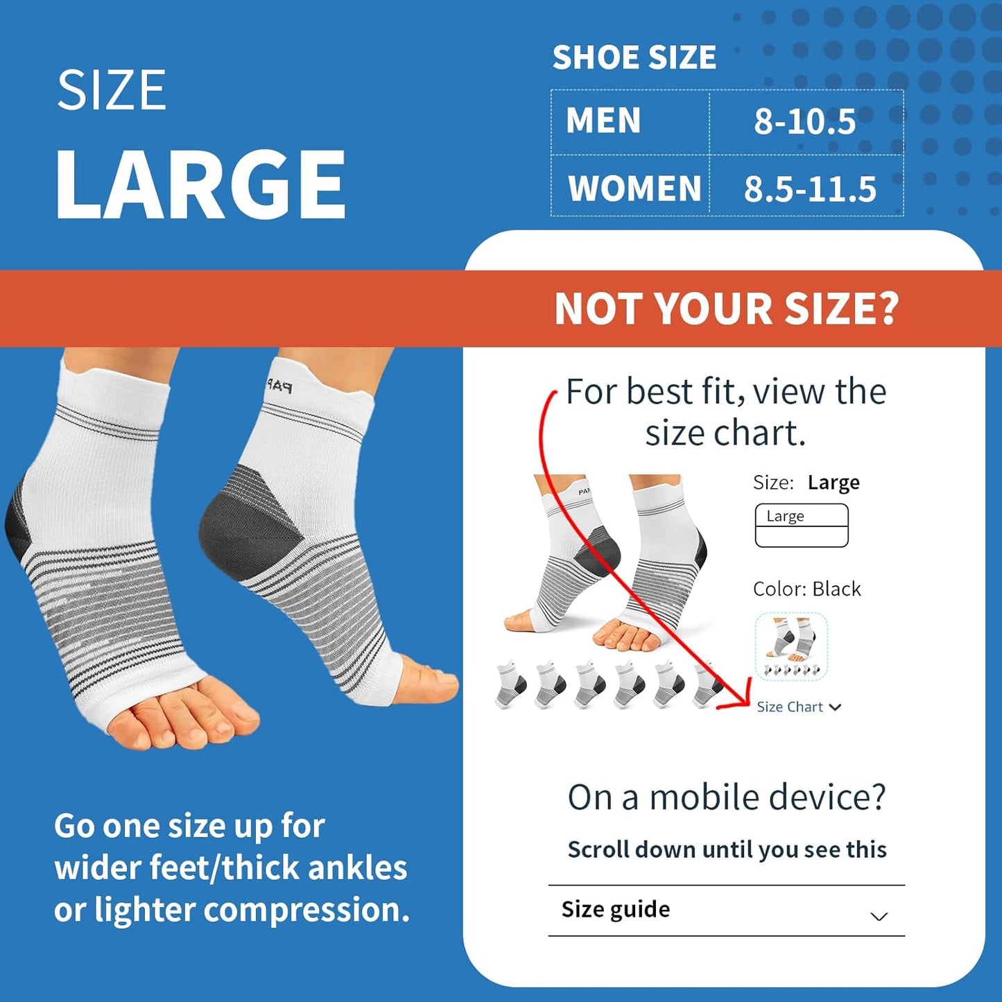 Plantar Fasciitis Sock (6 Pairs) for Men and Women, Compression Foot Sleeves with Arch and Ankle Support (Black, Gray, White, Large)