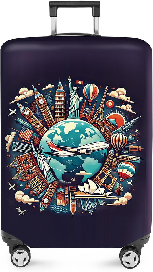 ANNA QUEEN World Landmarks Luggage Cover, Dark Travel-Themed Suitcase Protector with Airplane & Globe Design, Stretchable, Washable Luggage Sleeve for 32-34 Inch Suitcases