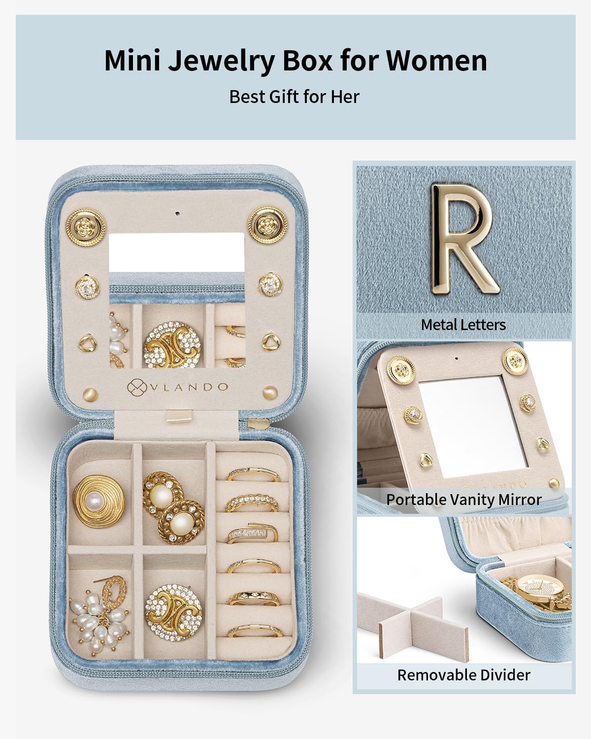 Vlando Travel Jewelry Box for Girls Women, Initial Jewelry Organizer Box Travel Must Haves Jewelry Case for Girls, Necklace Earrings Ring Box Travel Gifts for Sister Daughters - Letter R, Blue