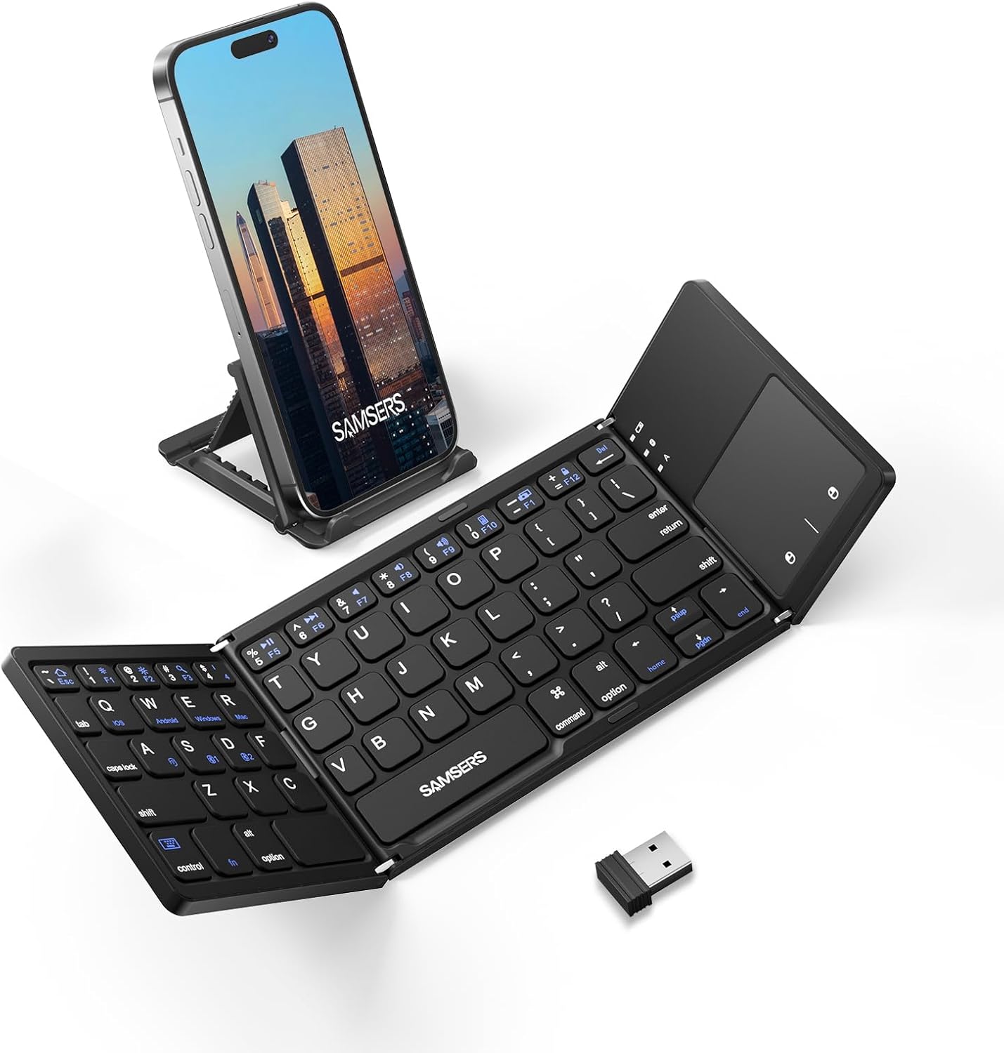 Samsers Multi-Device Foldable Bluetooth Keyboard with Touchpad, Rechargeable Dual-Mode(2.4G+BTx2) Wireless Keyboard with Holder, Portable Folding Keyboards for Android Windows iOS Mac OS - Black