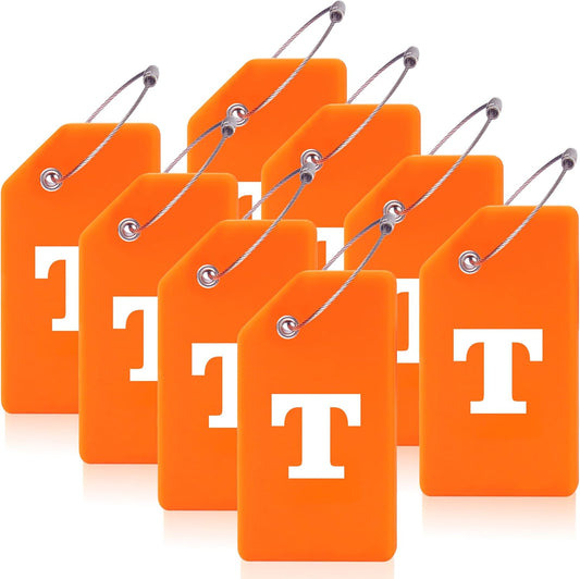 8 Pcs Luggage Tags for Suitcases, 26 Initial Letter Travel Luggage Baggage Identification Labels ID Tags Fully Bendable Tags with Stainless Steel Loop (Letter T, Orange)