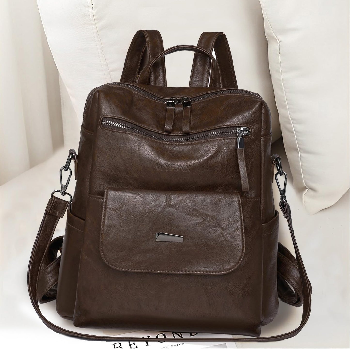 PU Leather Backpack Purse for Women Fashion Multipurpose Design Handbag Ladies Shoulder Bags Travel Backpack Coffee