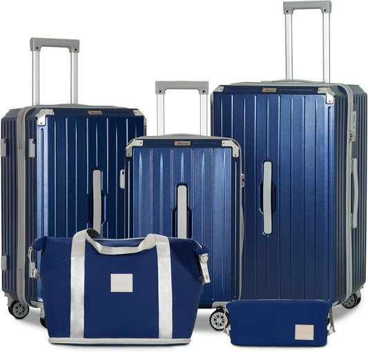 Romswi Suitcase Set with TSA Lock Cup Holder, Hardside Spinner Suitcase with Duffel Bag, Lightweight Durable PC+ABS Navy 5 PCS(20/24/28inch)