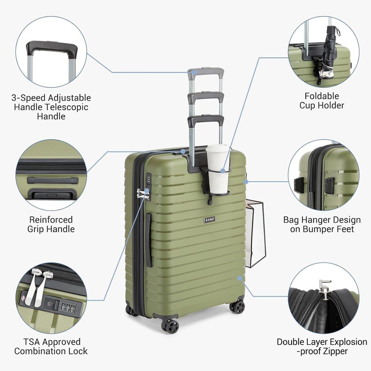 Kono 20 Inch Expandable Carry On Luggage with Spinner Wheels, Durable Hardside Luggage with Hidden Cup Holder, Lightweight Hard Shell Carry On Suitcase Airline Approved with TSA Lock(Green)