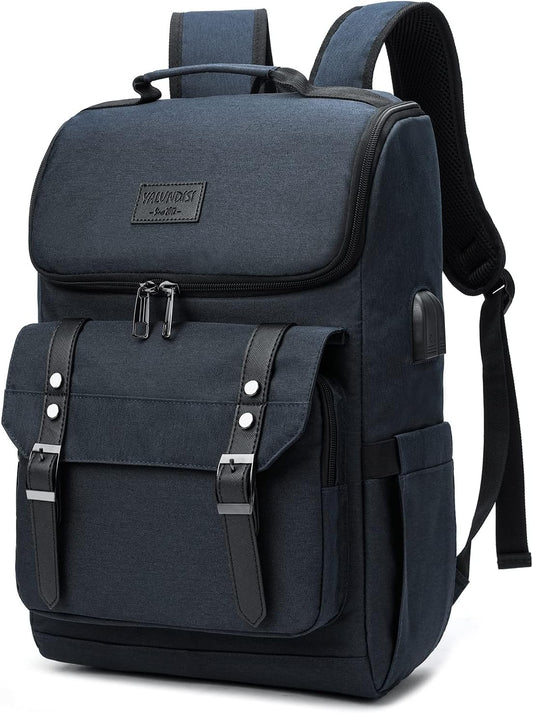 YALUNDISI Vintage Backpack Travel Laptop Backpack with usb Charging Port for Women & Men College Backpack Fits 15.6 Inch Laptop Blue