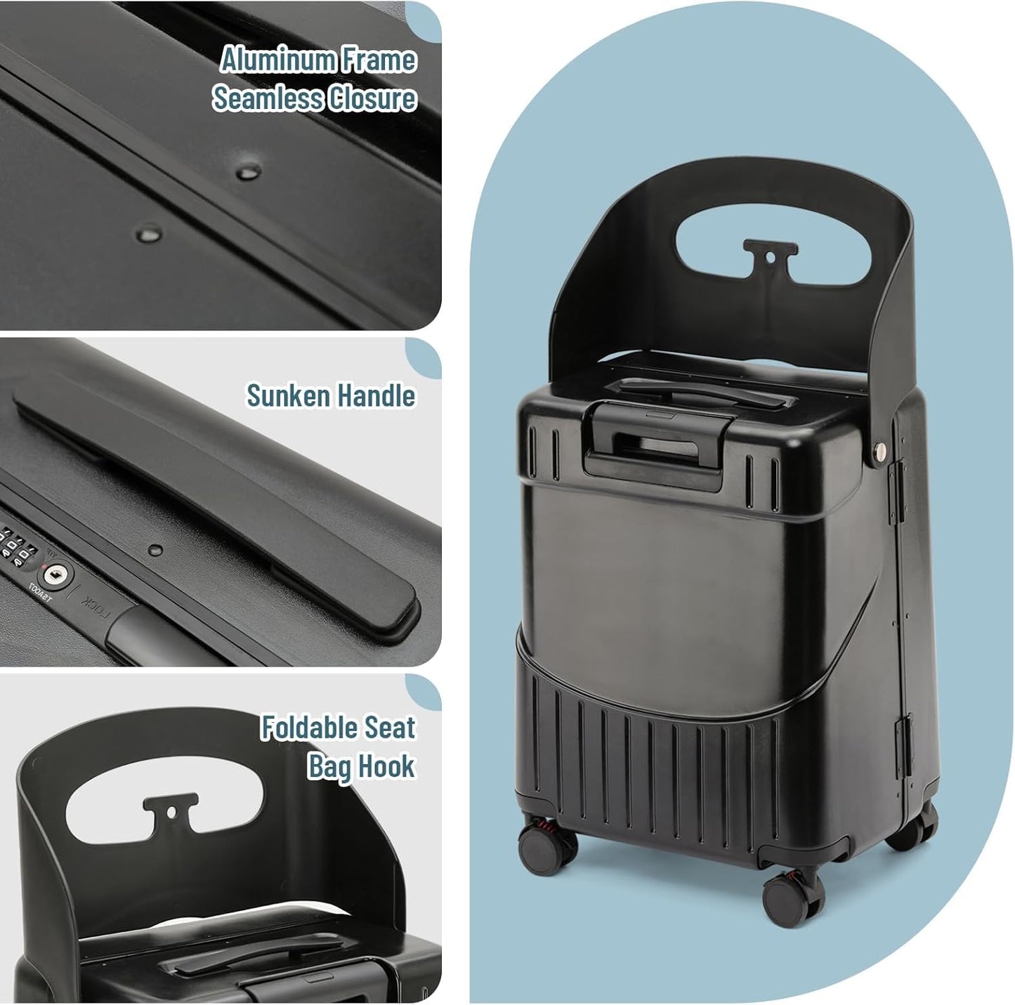 20-Inch Ride-On Suitcase for Kids & Adults – TSA-Approved Underseat Carry-On Luggage with 360° Wheels, Built-In Seat & Safety Belt – Lightweight Durable Spinner Suitcase for Airplane Travel Fits Ages