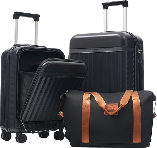 Merax Luggage Sets Front Opening, 2 Piece Hardshell Suitcase with Spinner Wheels and Bags,Lightweight Carry on Luggage with USB Port,20+24,Black