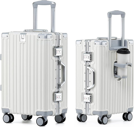 HotWay 24 Inch Aluminum Frame Luggage with Spinner Wheels, PC Hard Shell Suitcase with Cup Holder, Zipperless Luggage for Business Travel, White