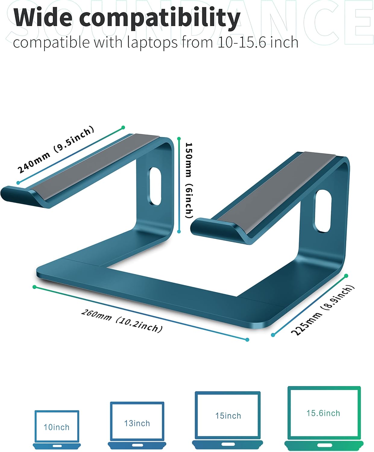 SOUNDANCE Laptop Stand, Aluminum Computer Riser, Ergonomic Laptops Elevator for Desk, Metal Holder Compatible with 10 to 15.6 Inches Notebook Computer, Navy Blue