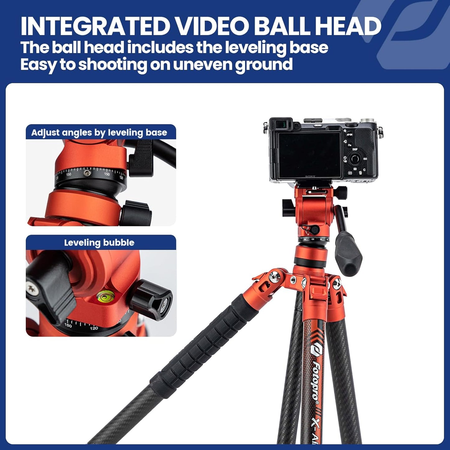 Fotopro Carbon Fiber Tripod 2.3lbs Ultralight 62 Inch Portable Travel Video Tripod for Camera DSLR Load up to 22lbs X-Aircross 3 Video Orange