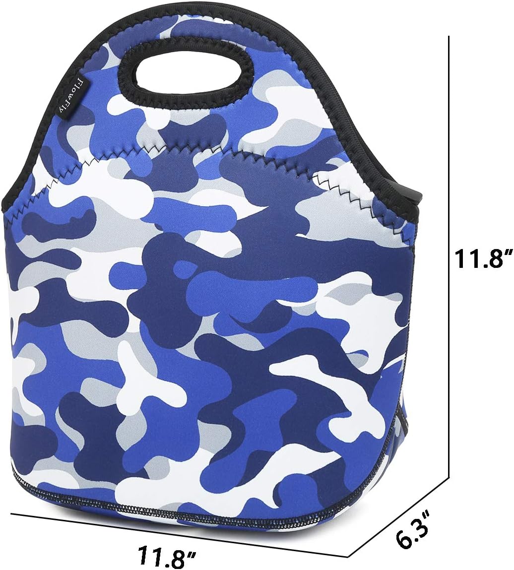 FlowFly Neoprene kids Lunch box Insulated Soft Bag Mini Cooler Thermal Meal Tote Kit for Boys, Girls,Men,Women,School,Work, Office, Blue Camo