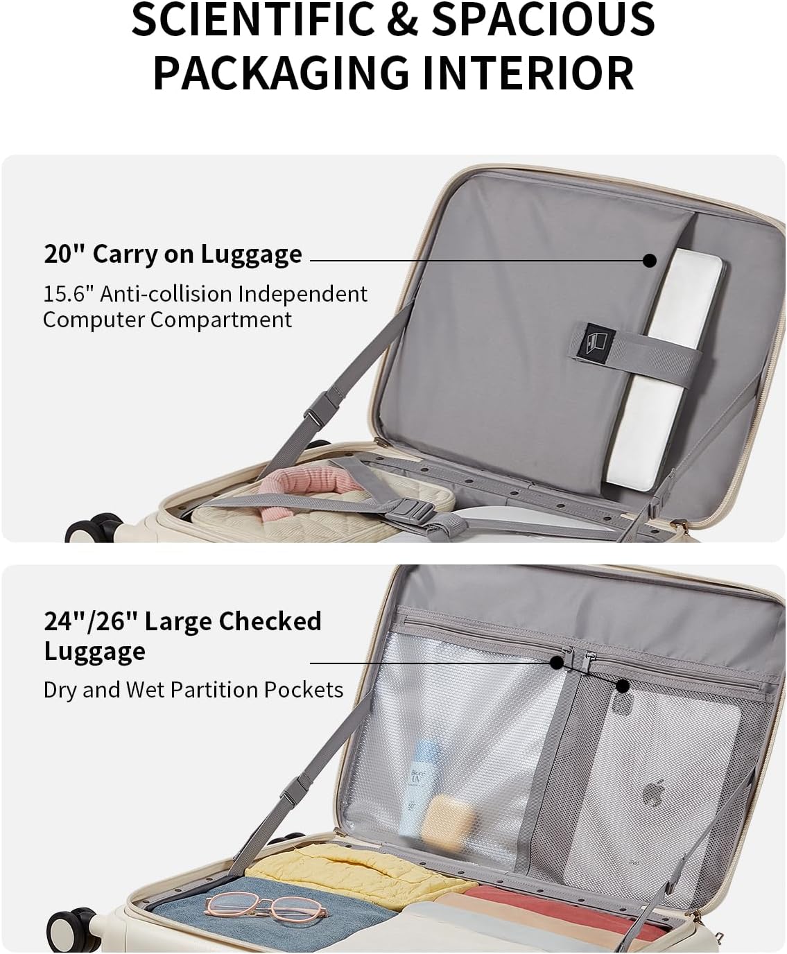 aji Expandable Top Opening 24 Inch Checked Luggage with Spinner Wheels, Large Suitcase with TSA Lock, Hard Shell Travel luggage Suitcases for Men Women, for 12+Days Travel, Coconut White