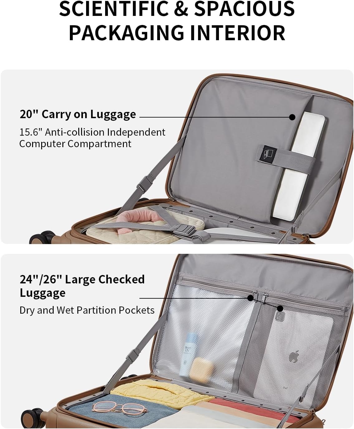 aji Expandable Top Opening Carry On Luggage Airline Approved, 20 Inch Lightweight Hardside Carry On Suitcase with Spinner Wheels, Travel Luggage with Laptop Compartment for Women Men, Chocolate Brown