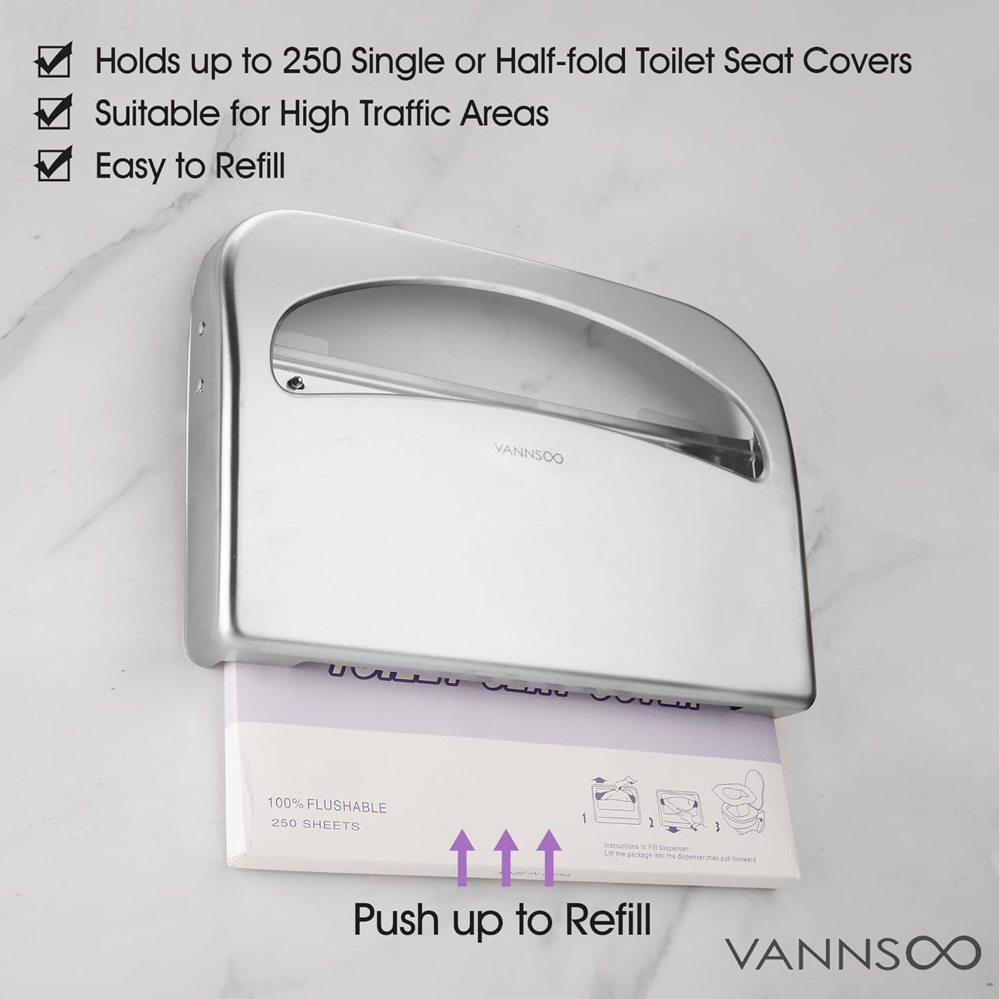 Toilet Seat Cover Dispenser - Stainless Steel Wall Mount Toilet Seat Cover Holder for Commercial Bathroom, 250 Single or Half Fold Seat Covers Capacity (Brushed)