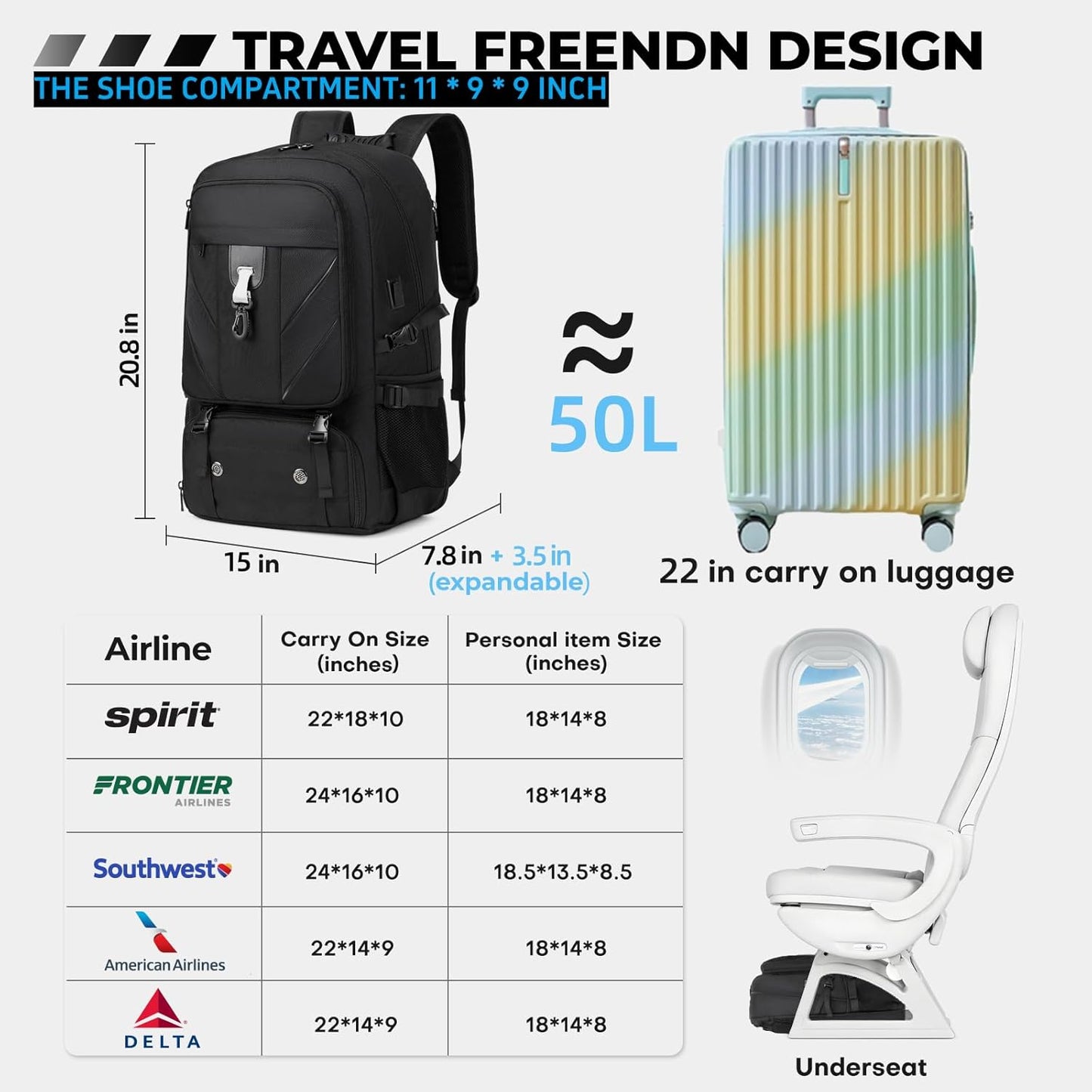 17.3 Inch Travel Laptop Backpack with Shoe Compartment,50L Carry on Flight Approved Backpacks Multiple Compartments,Water Resistant Anti Theft Bag with USB Charging Port,for Men Women