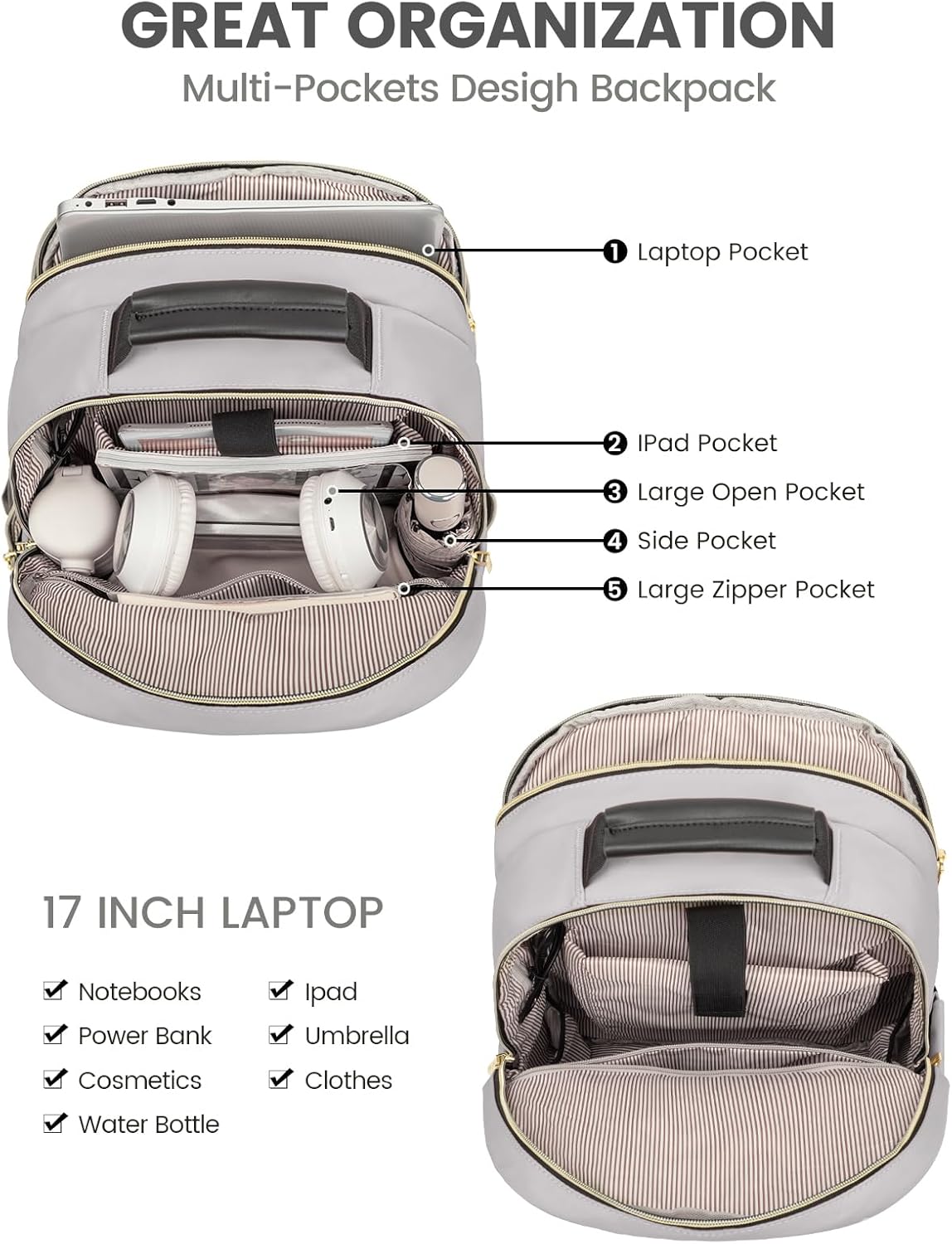 LOVEVOOK Laptop Backpack for Women, Travel Computer Work Bags with 17-inch Laptop Compartment, College School Student Bag Teen Backpacks For Girls, Outdoor Carry On Backpack Purse, Grey