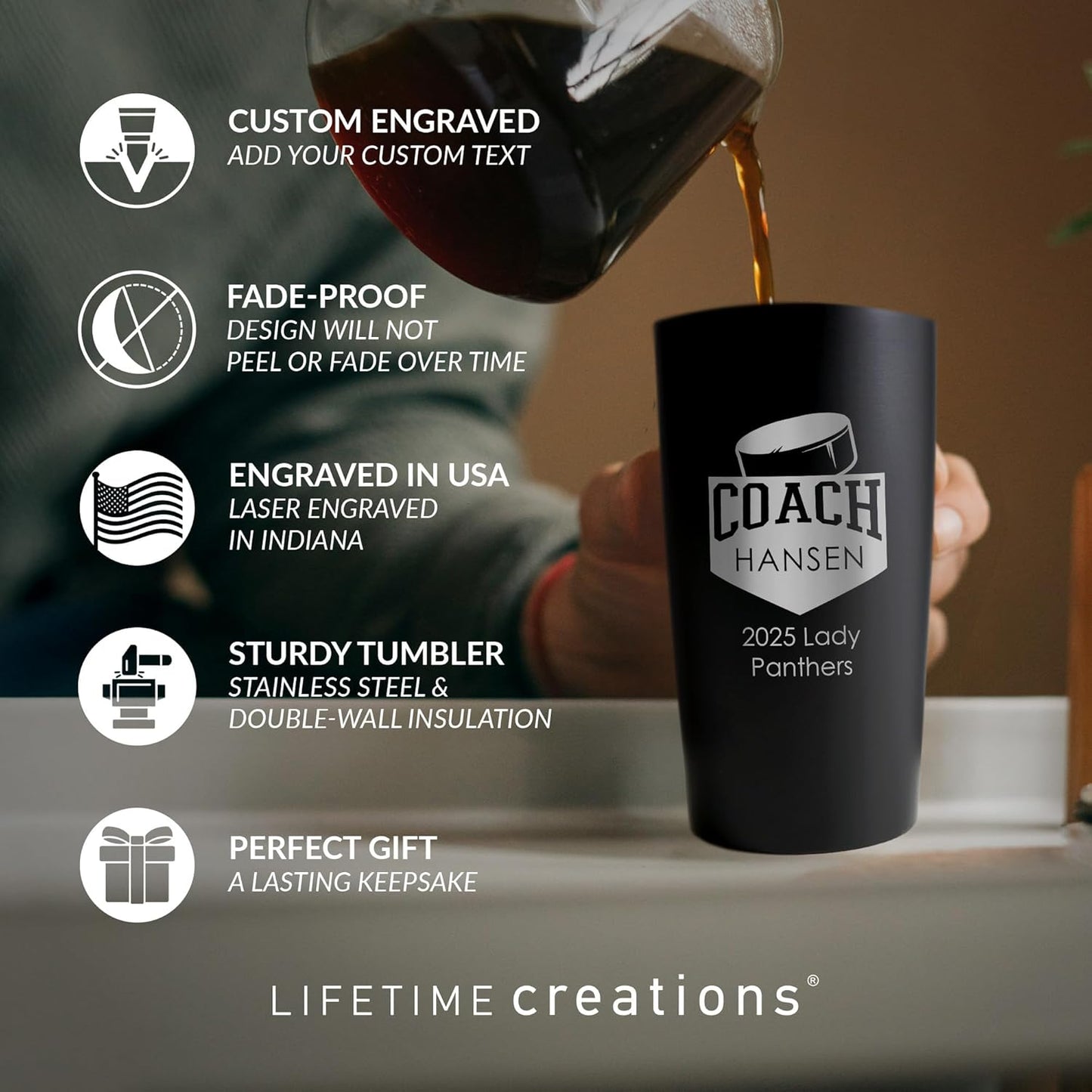 Lifetime Creations Personalized Hockey Coach Tumbler: Custom Hockey Coach Gift, Coaches Coffee Travel Mug from Team, Insulated Engraved Stainless Steel 20 Ounce Cup (Matte Black)