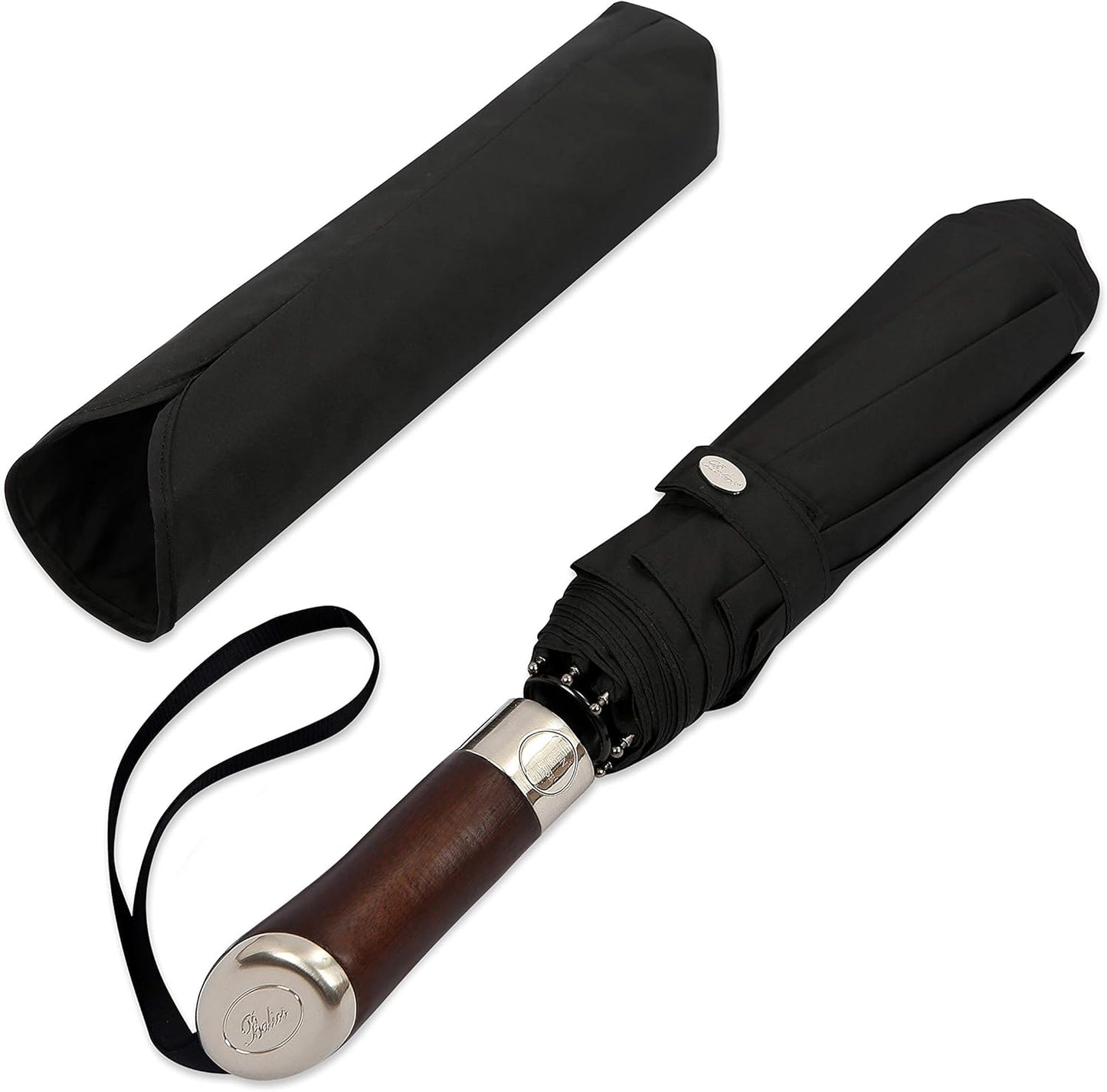 Balios (Designed in UK) Travel Umbrella Luxurious Golden Hardwood Handle Auto Open & Close Windproof Frame Single Canopy Automatic Folding Umbrella Men's & Ladies