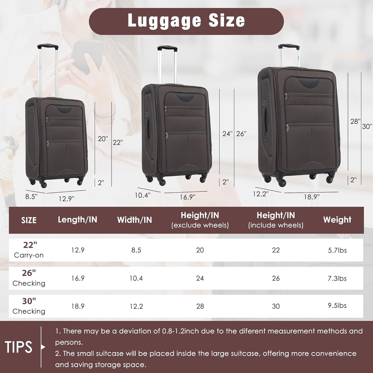 Merax Softside Luggage Set Softshell Lightweight 3 Piece Spinner Suitcase with Duffel Bag Expandable Upright Travel Luggage 22" 26" 30",Brown